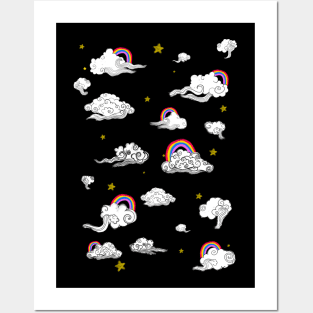 Clouds of oriental mythology with rainbow and stars Posters and Art